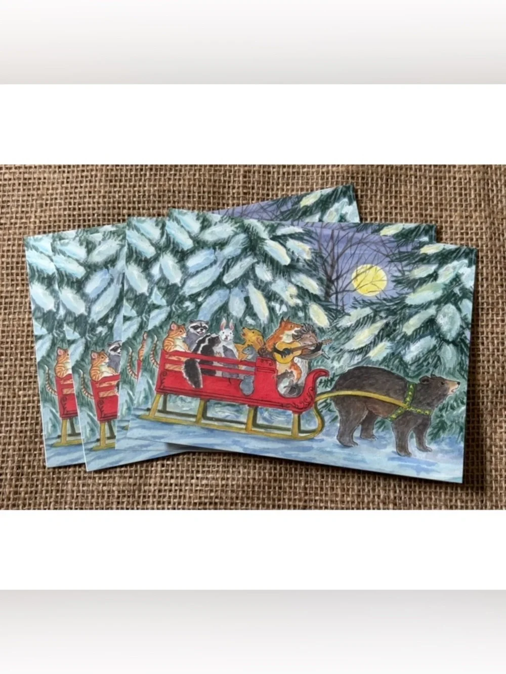 Woodfield Press Cindy Hendrick Christmas Cards Woodland Animals In Sleigh Cute